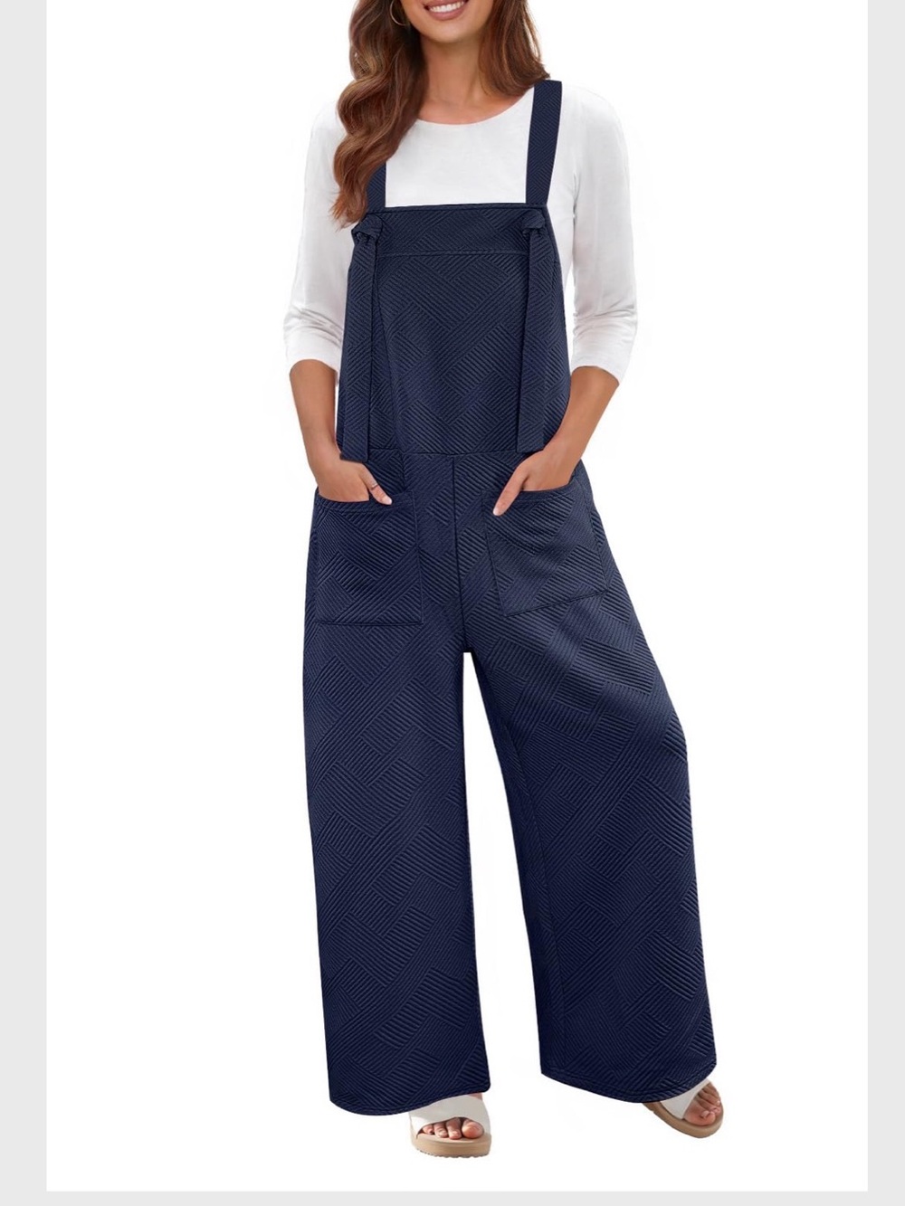 NWT MEROKEETY Navy Textured Wide Leg Jumpsuit Tie Strap Overalls Medium (8-10)